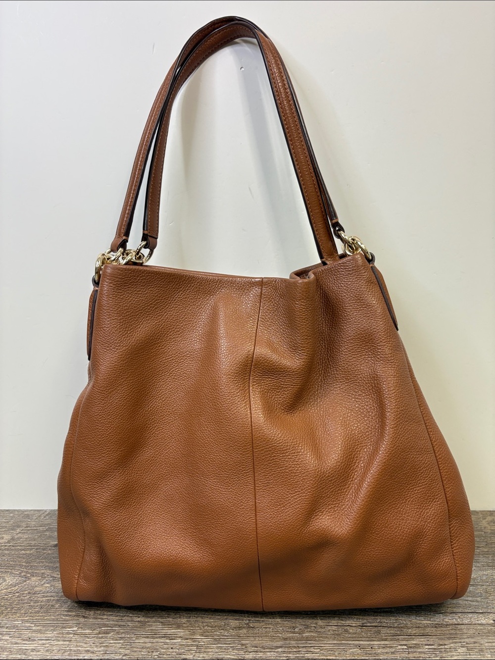 Coach Madison Phoebe Large Pebbled Leather Shoulder Bag Cognac Brown